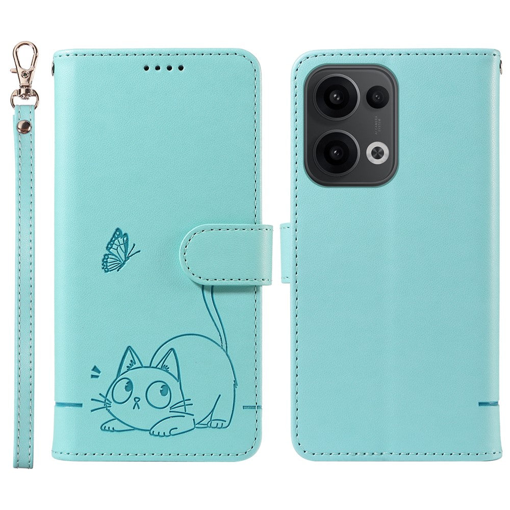 For Oppo Reno13 5G (Global) Wallet Case with Wrist Strap Cat Pattern Imprint Leather Phone Cover - Green