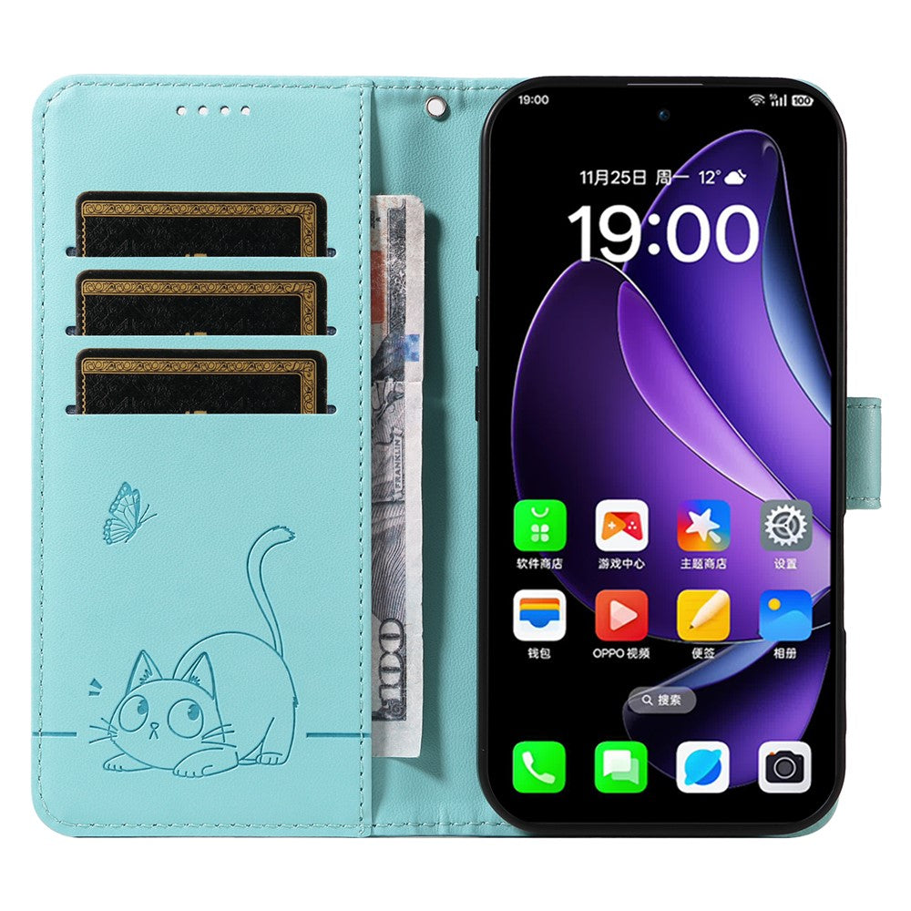 For Oppo Reno13 5G (Global) Wallet Case with Wrist Strap Cat Pattern Imprint Leather Phone Cover - Green