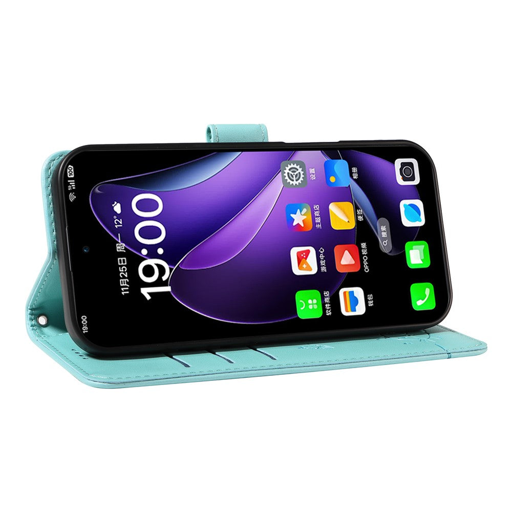 For Oppo Reno13 5G (Global) Wallet Case with Wrist Strap Cat Pattern Imprint Leather Phone Cover - Green