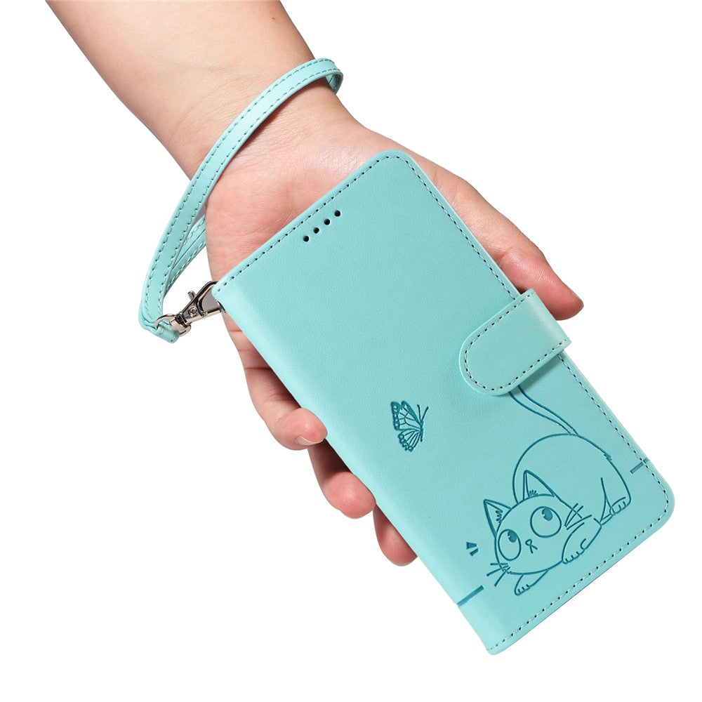 For Oppo Reno13 5G (Global) Wallet Case with Wrist Strap Cat Pattern Imprint Leather Phone Cover - Green