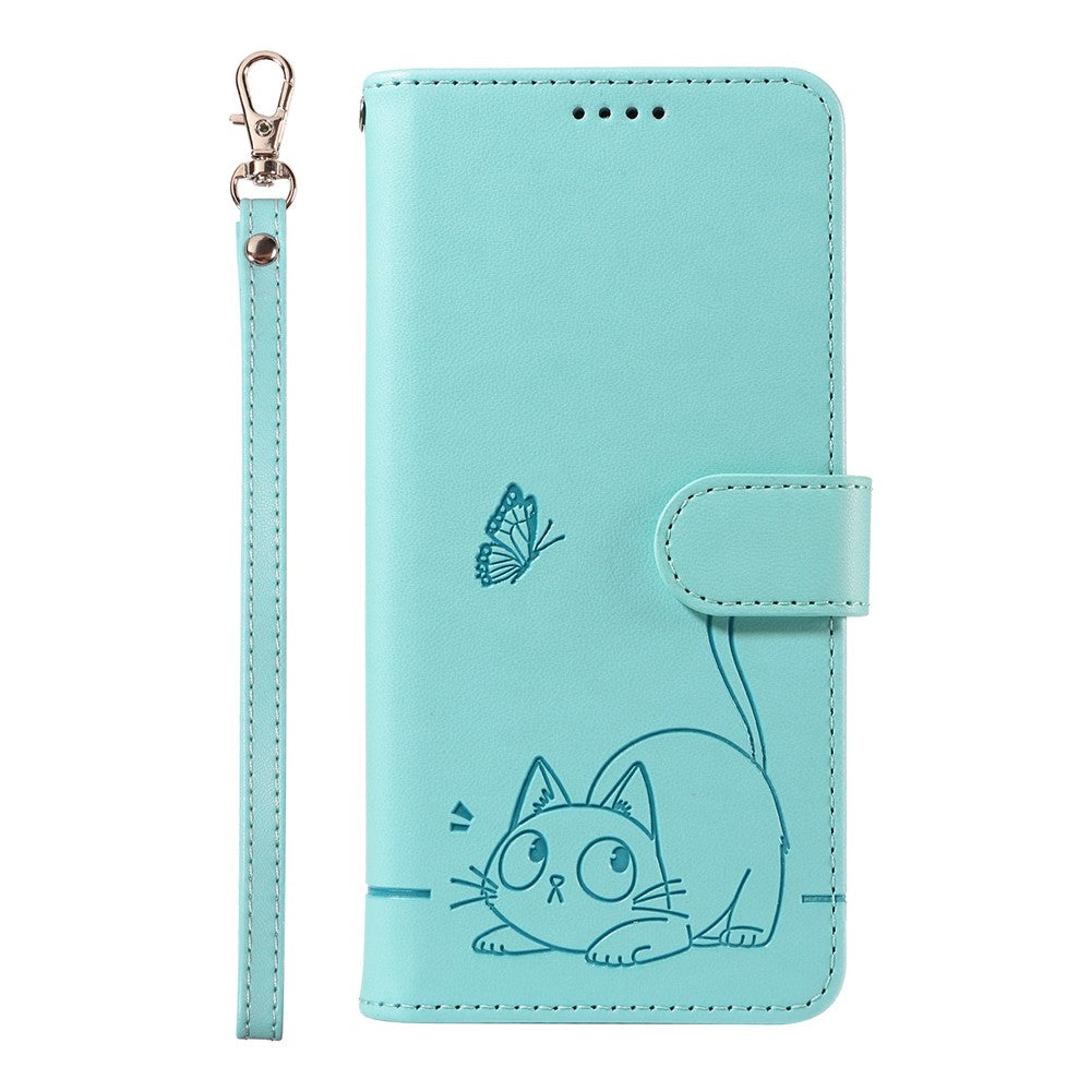 For Oppo Reno13 5G (Global) Wallet Case with Wrist Strap Cat Pattern Imprint Leather Phone Cover - Green
