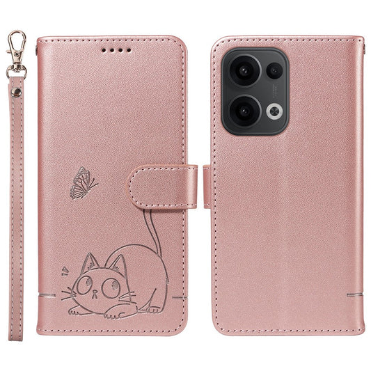 For Oppo Reno13 5G (Global) Wallet Case with Wrist Strap Cat Pattern Imprint Leather Phone Cover - Rose Gold