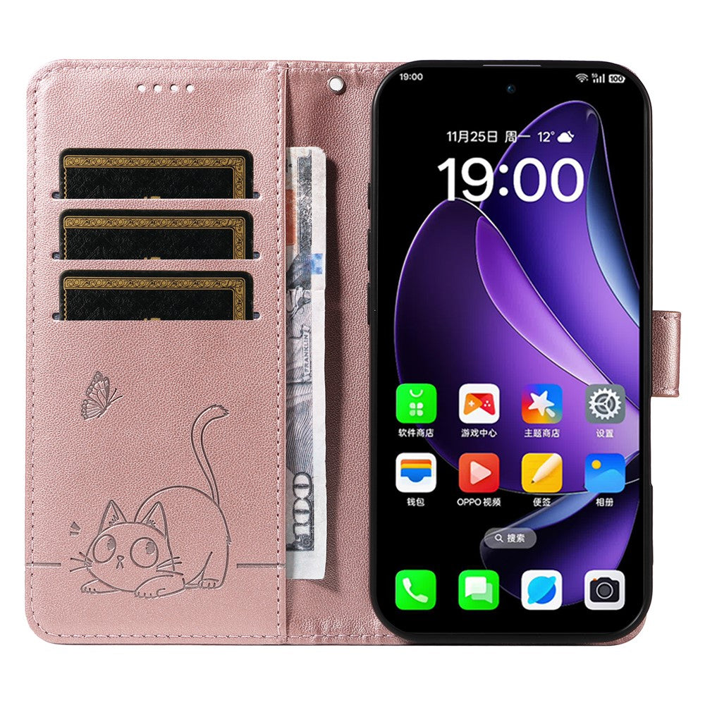 For Oppo Reno13 5G (Global) Wallet Case with Wrist Strap Cat Pattern Imprint Leather Phone Cover - Rose Gold