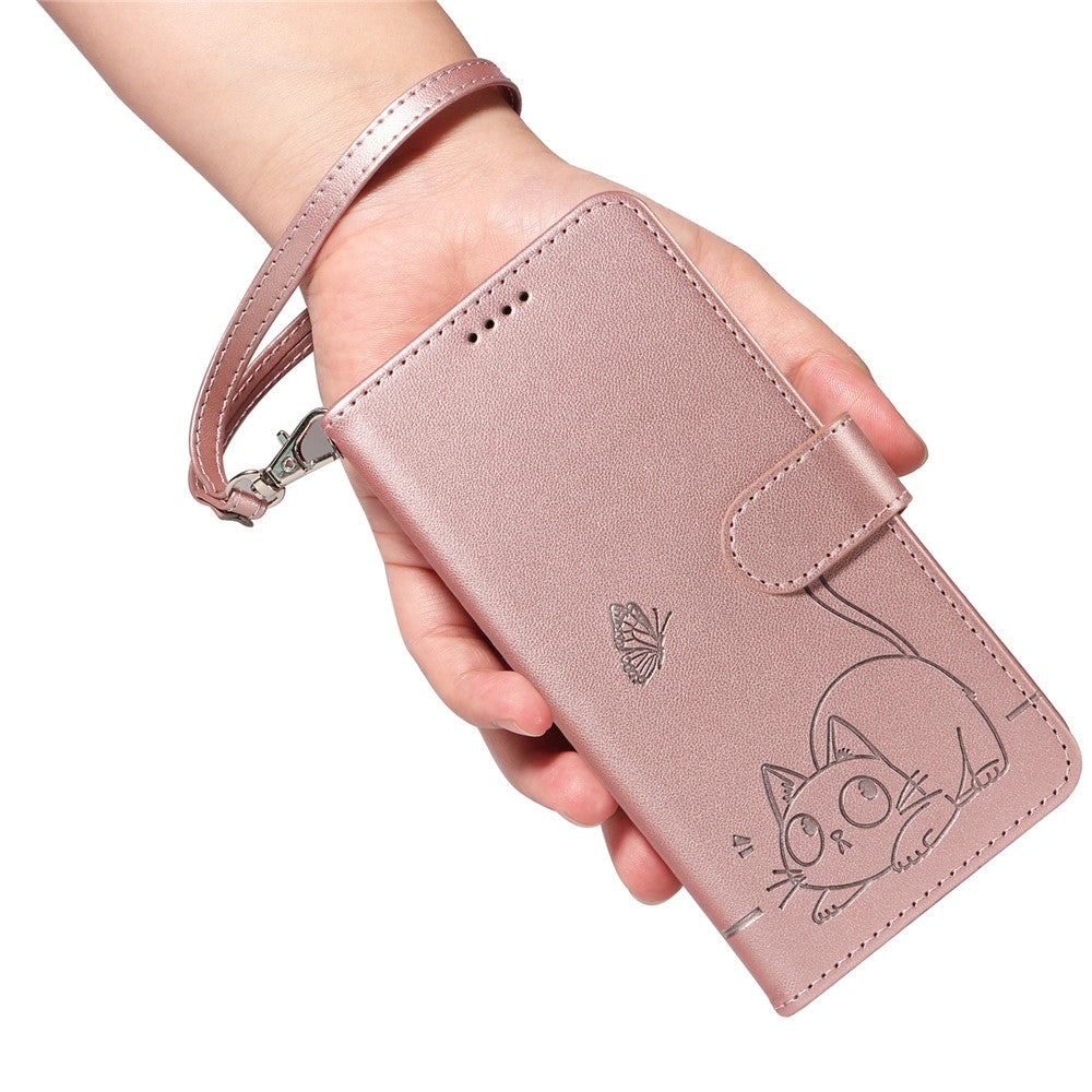 For Oppo Reno13 5G (Global) Wallet Case with Wrist Strap Cat Pattern Imprint Leather Phone Cover - Rose Gold