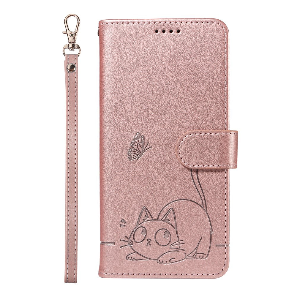 For Oppo Reno13 5G (Global) Wallet Case with Wrist Strap Cat Pattern Imprint Leather Phone Cover - Rose Gold