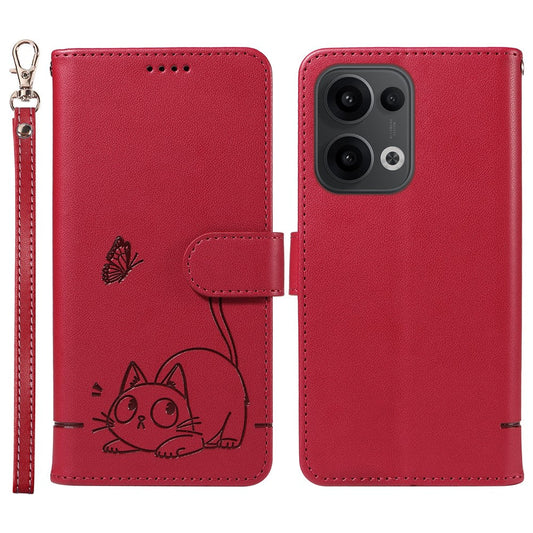 For Oppo Reno13 5G (Global) Wallet Case with Wrist Strap Cat Pattern Imprint Leather Phone Cover - Red