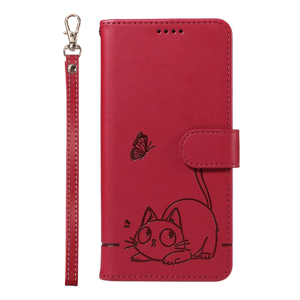 For Oppo Reno13 5G (Global) Wallet Case with Wrist Strap Cat Pattern Imprint Leather Phone Cover - Red