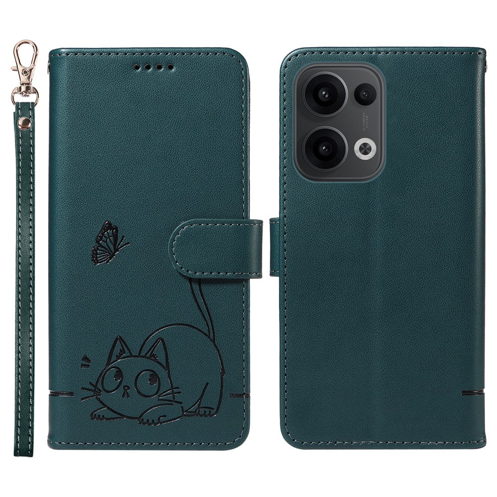 For Oppo Reno13 5G (Global) Wallet Case with Wrist Strap Cat Pattern Imprint Leather Phone Cover - Blue
