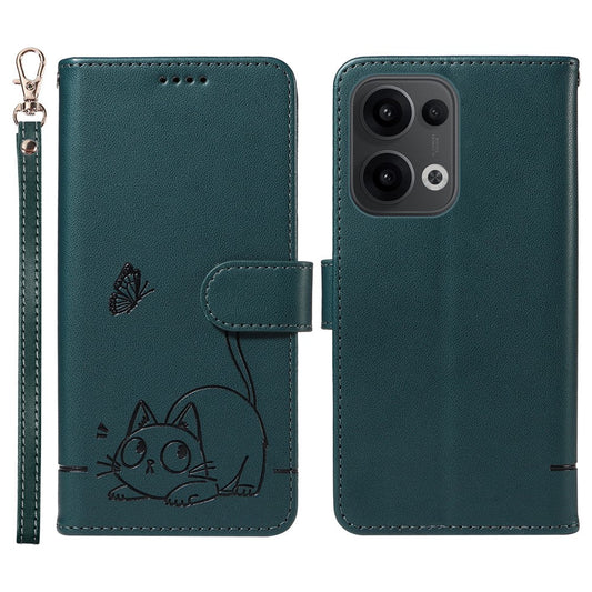 For Oppo Reno13 5G (Global) Wallet Case with Wrist Strap Cat Pattern Imprint Leather Phone Cover - Blue