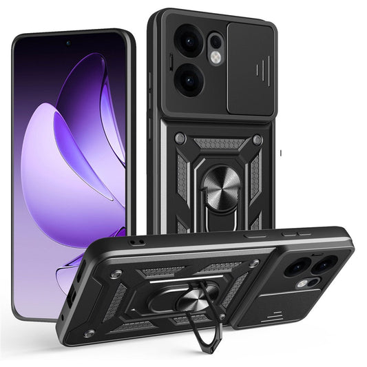 For Oppo Reno13 F 5G Case with Slide Camera Lid PC + TPU Kickstand Phone Cover - Black