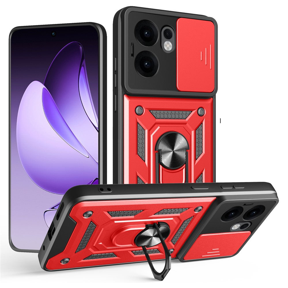 For Oppo Reno13 F 5G Case with Slide Camera Lid PC + TPU Kickstand Phone Cover - Red