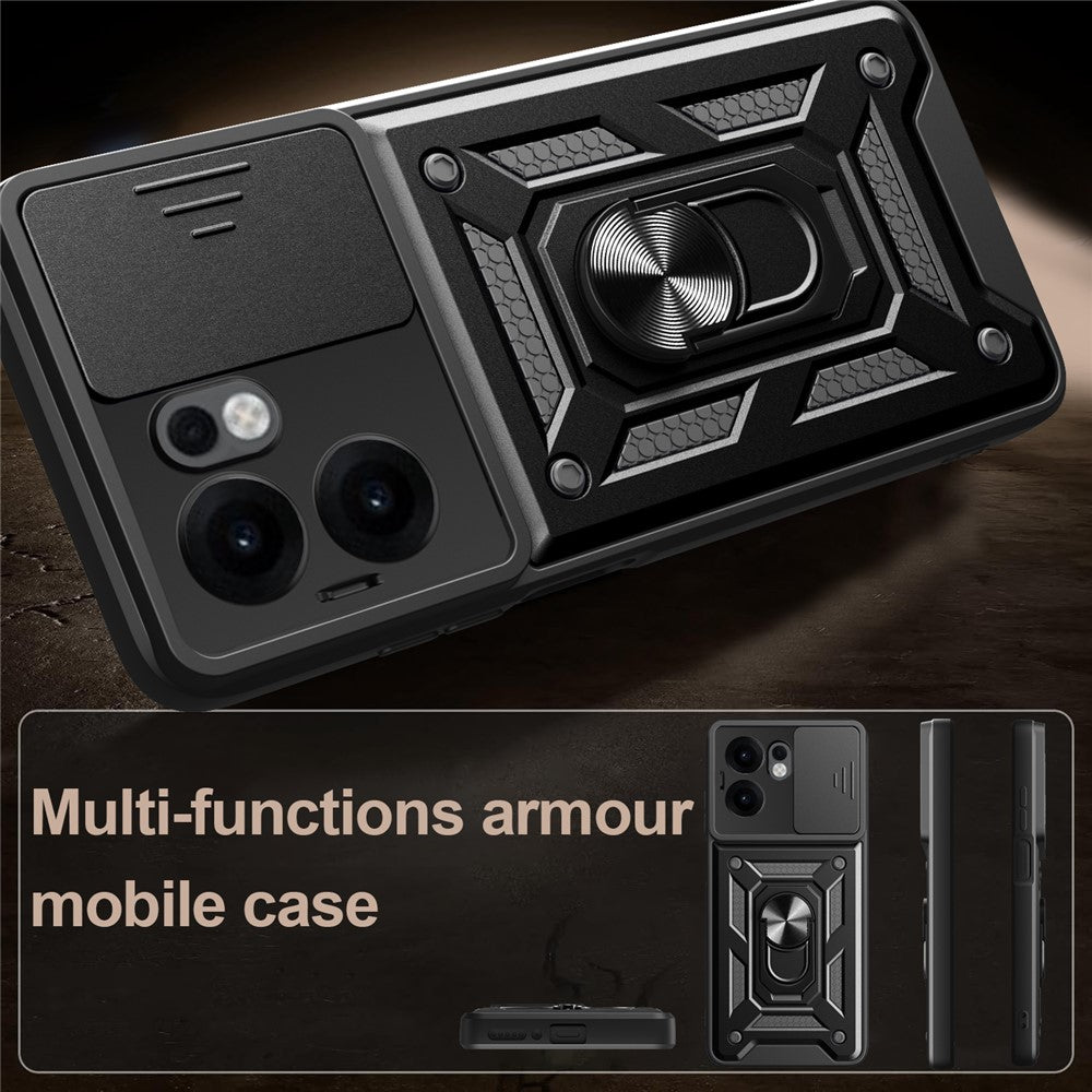 For Oppo Reno13 F 5G Case with Slide Camera Lid PC + TPU Kickstand Phone Cover - Gold