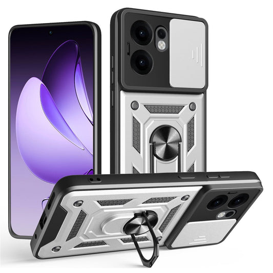 For Oppo Reno13 F 5G Case with Slide Camera Lid PC + TPU Kickstand Phone Cover - Silver