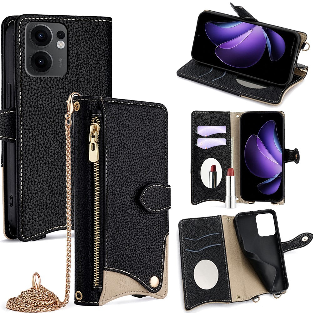 For Oppo Reno13 F 5G / Reno13 F 4G Wallet Case Fishtail Design Leather Phone Cover with Mirror / Stand / Strap - Black