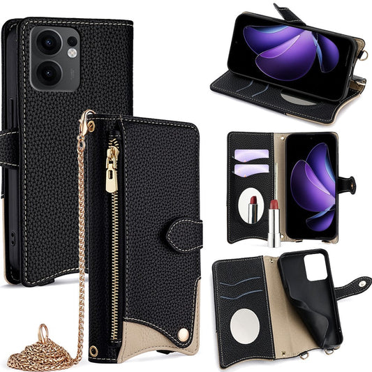 For Oppo Reno13 F 5G / Reno13 F 4G Wallet Case Fishtail Design Leather Phone Cover with Mirror / Stand / Strap - Black