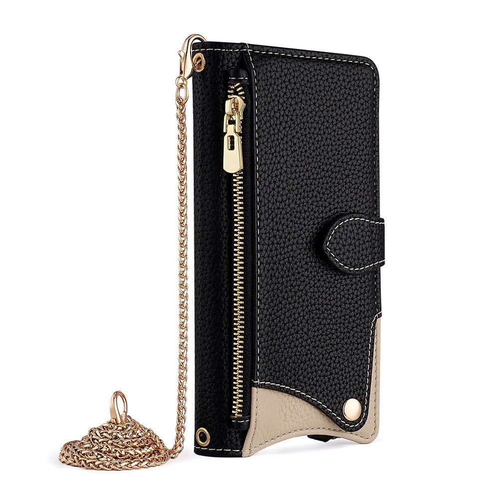 For Oppo Reno13 F 5G / Reno13 F 4G Wallet Case Fishtail Design Leather Phone Cover with Mirror / Stand / Strap - Black