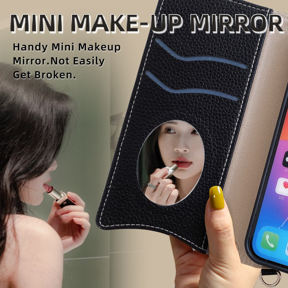 For Oppo Reno13 F 5G / Reno13 F 4G Wallet Case Fishtail Design Leather Phone Cover with Mirror / Stand / Strap - Black