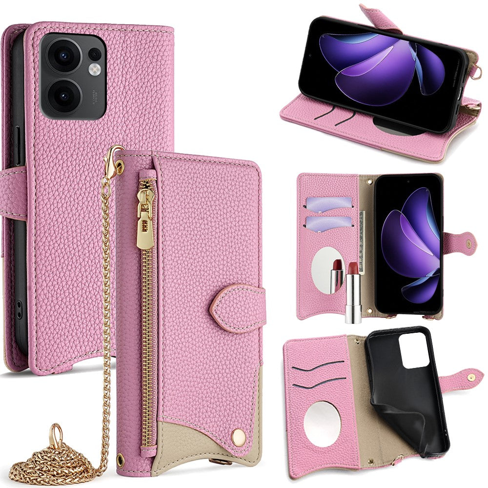 For Oppo Reno13 F 5G / Reno13 F 4G Wallet Case Fishtail Design Leather Phone Cover with Mirror / Stand / Strap - Pink