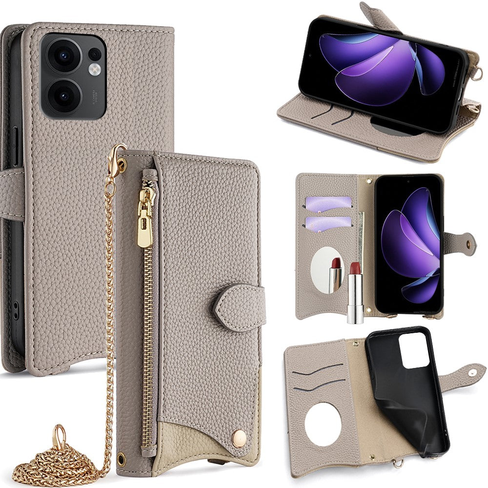 For Oppo Reno13 F 5G / Reno13 F 4G Wallet Case Fishtail Design Leather Phone Cover with Mirror / Stand / Strap - Grey