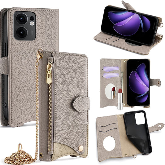 For Oppo Reno13 F 5G / Reno13 F 4G Wallet Case Fishtail Design Leather Phone Cover with Mirror / Stand / Strap - Grey