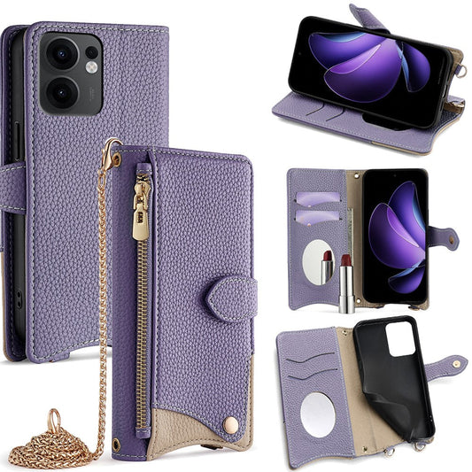 For Oppo Reno13 F 5G / Reno13 F 4G Wallet Case Fishtail Design Leather Phone Cover with Mirror / Stand / Strap - Purple