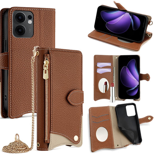 For Oppo Reno13 F 5G / Reno13 F 4G Wallet Case Fishtail Design Leather Phone Cover with Mirror / Stand / Strap - Brown