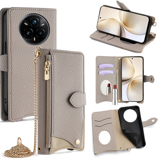 For Realme 14 Pro+ 5G Wallet Case Fishtail Design Leather Phone Cover with Mirror / Stand / Strap - Grey