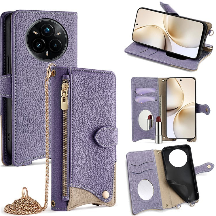 For Realme 14 Pro+ 5G Wallet Case Fishtail Design Leather Phone Cover with Mirror / Stand / Strap - Purple