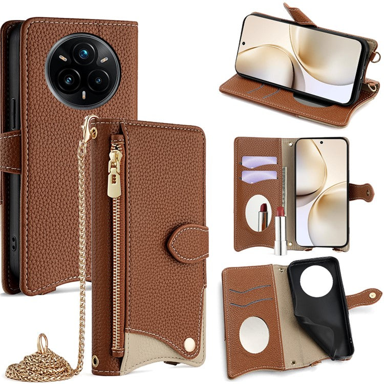 For Realme 14 Pro+ 5G Wallet Case Fishtail Design Leather Phone Cover with Mirror / Stand / Strap - Brown