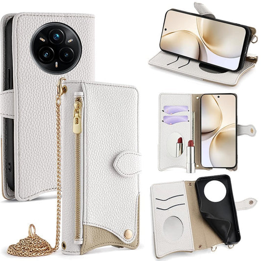 For Realme 14 Pro 5G Wallet Case Fishtail Design Leather Phone Cover with Mirror / Stand / Strap - White