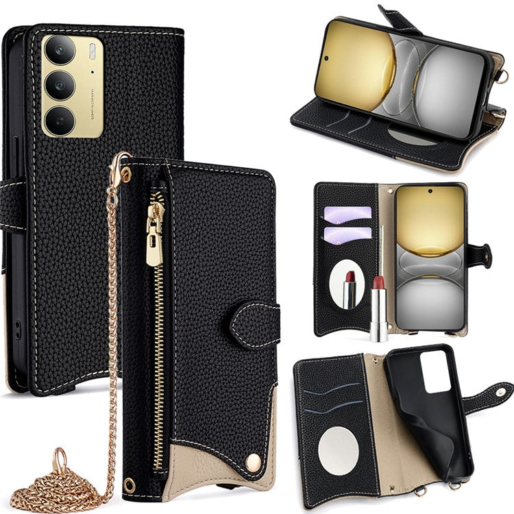 For Realme C75 / 14x 5G Wallet Case Fishtail Design Leather Phone Cover with Mirror / Stand / Strap - Black