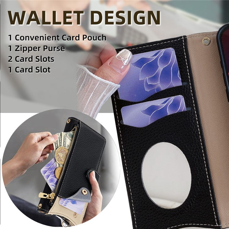 For Realme C75 / 14x 5G Wallet Case Fishtail Design Leather Phone Cover with Mirror / Stand / Strap - Black