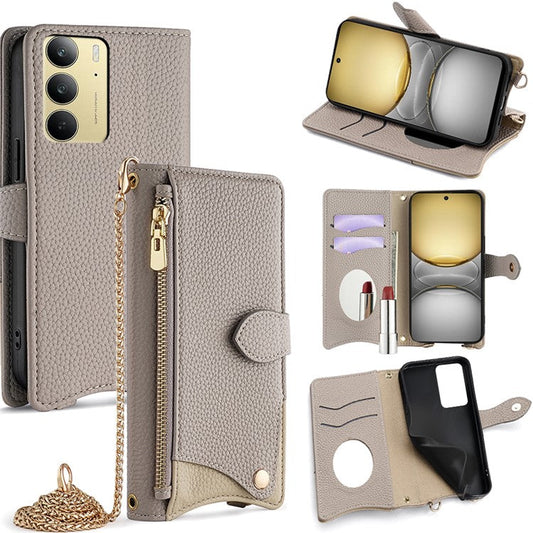For Realme C75 / 14x 5G Wallet Case Fishtail Design Leather Phone Cover with Mirror / Stand / Strap - Grey