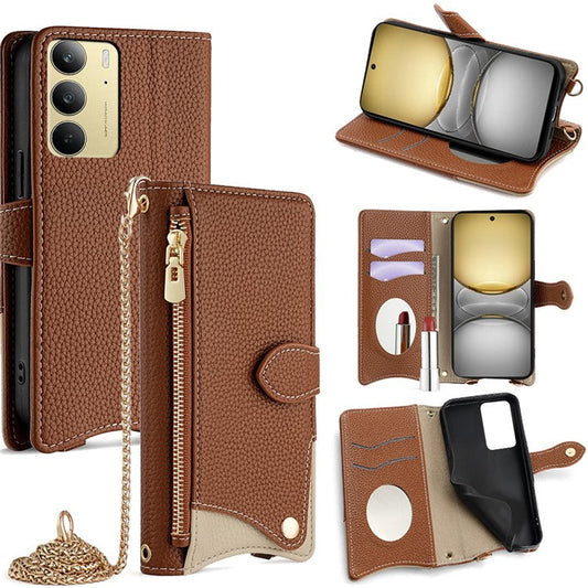 For Realme C75 / 14x 5G Wallet Case Fishtail Design Leather Phone Cover with Mirror / Stand / Strap - Brown