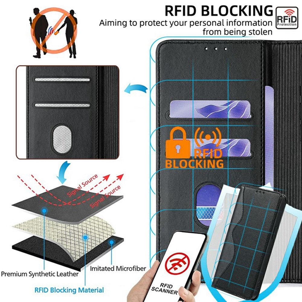 For Oppo Reno13 F 5G / Reno13 F 4G Wallet Case Wave Shape RFID Blocking PU Leather Stand Phone Cover - Black