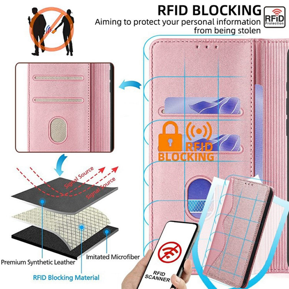 For Oppo Reno13 F 5G / Reno13 F 4G Wallet Case Wave Shape RFID Blocking PU Leather Stand Phone Cover - Rose Gold