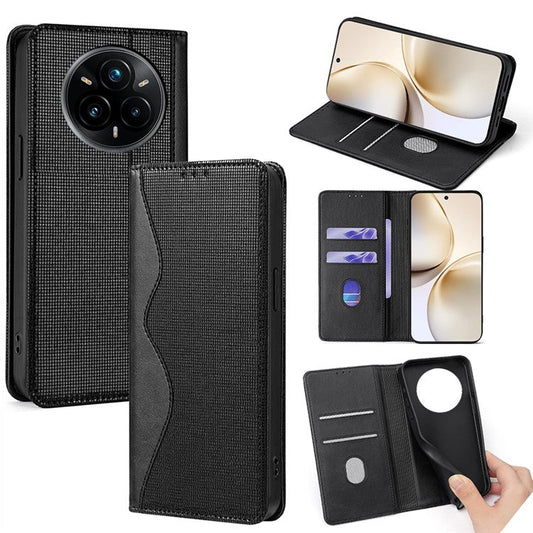 For Realme 14 Pro 5G Wallet Case Wave Shape RFID Blocking PU Leather Stand Phone Cover - Black