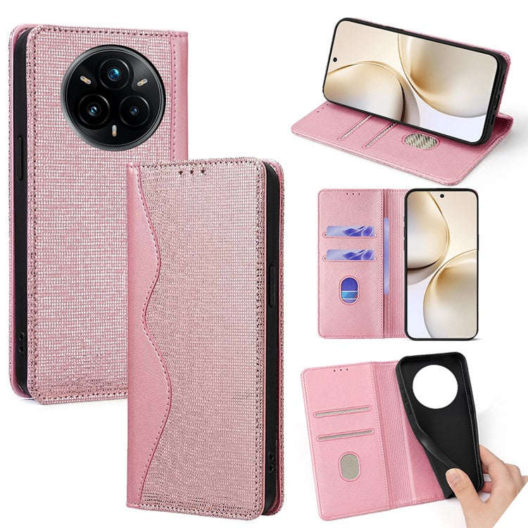 For Realme 14 Pro 5G Wallet Case Wave Shape RFID Blocking PU Leather Stand Phone Cover - Rose Gold