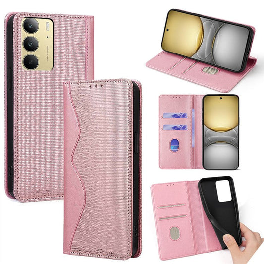 For Realme C75 / 14x 5G Wallet Case Wave Shape RFID Blocking PU Leather Stand Phone Cover - Rose Gold