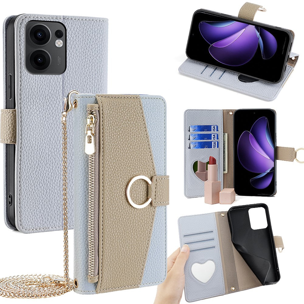 For Oppo Reno13 F 5G / Reno13 F 4G Case Mirror Wallet Leather Phone Cover with Chain Shoulder Strap - Blue