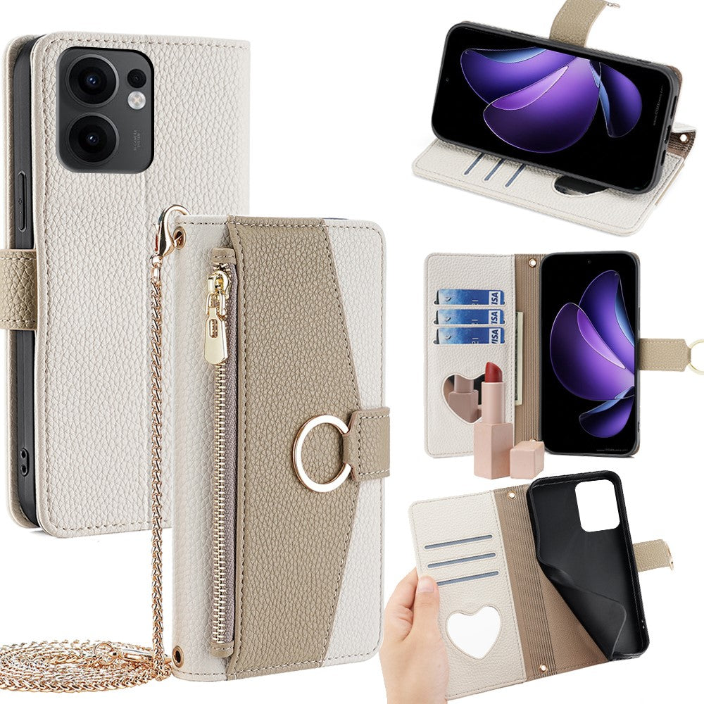 For Oppo Reno13 F 5G / Reno13 F 4G Case Mirror Wallet Leather Phone Cover with Chain Shoulder Strap - White
