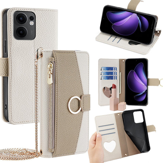 For Oppo Reno13 F 5G / Reno13 F 4G Case Mirror Wallet Leather Phone Cover with Chain Shoulder Strap - White