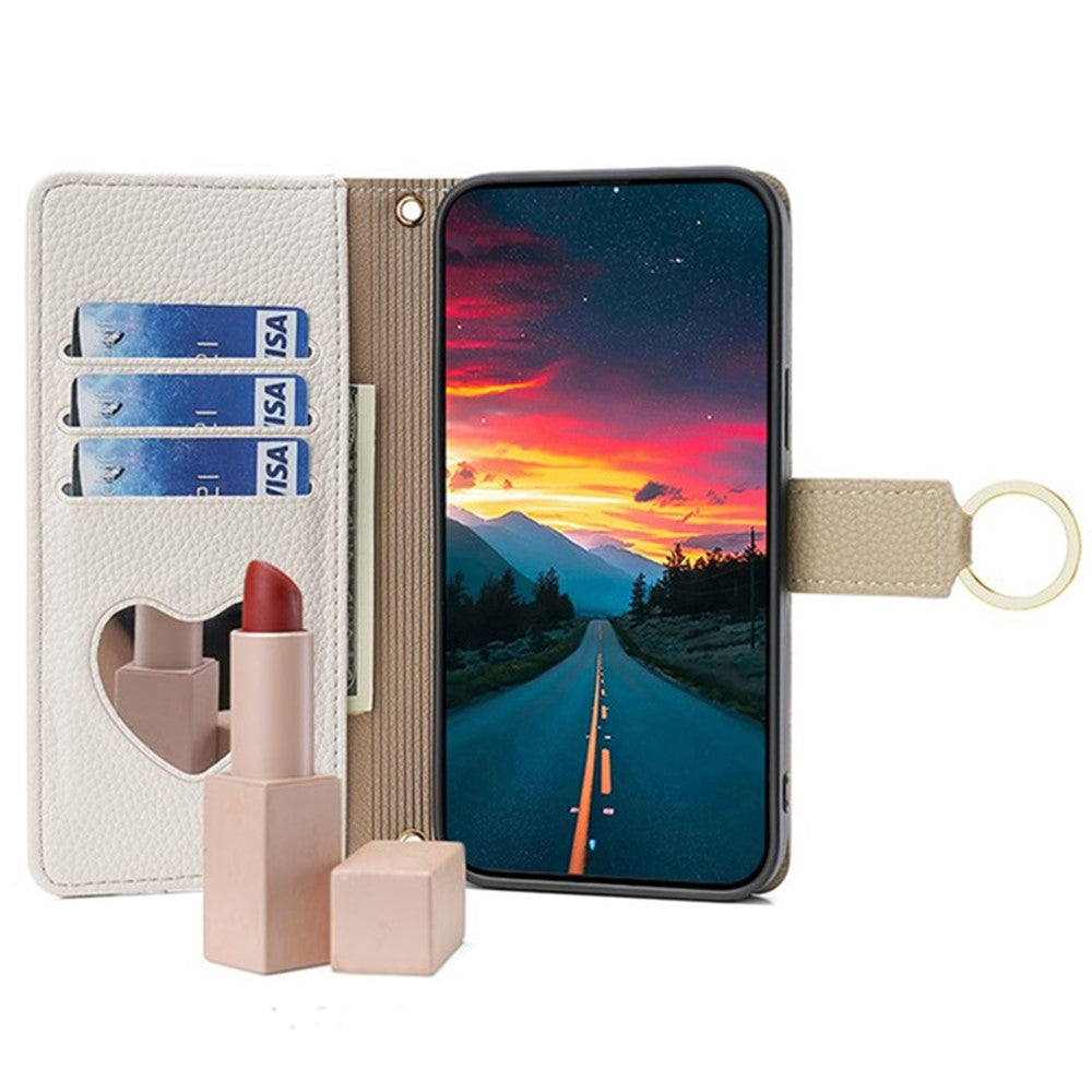 For Oppo Reno13 F 5G / Reno13 F 4G Case Mirror Wallet Leather Phone Cover with Chain Shoulder Strap - White