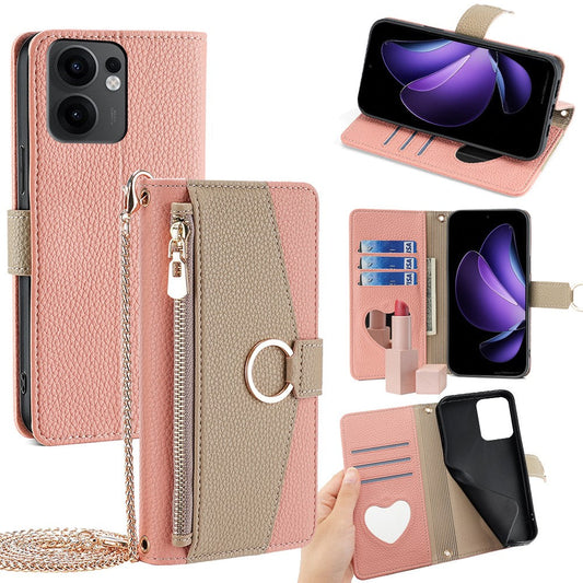 For Oppo Reno13 F 5G / Reno13 F 4G Case Mirror Wallet Leather Phone Cover with Chain Shoulder Strap - Pink