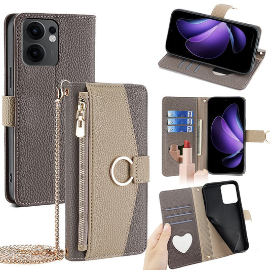 For Oppo Reno13 F 5G / Reno13 F 4G Case Mirror Wallet Leather Phone Cover with Chain Shoulder Strap - Grey