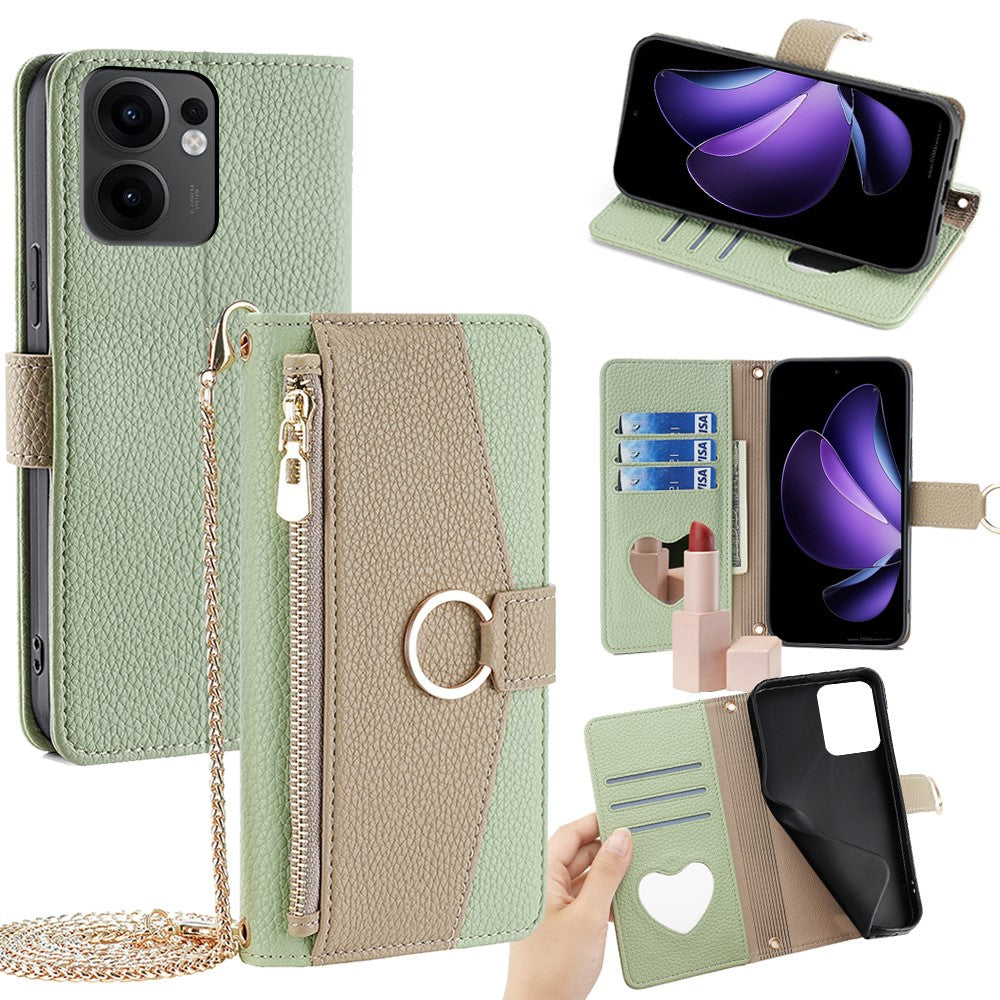 For Oppo Reno13 F 5G / Reno13 F 4G Case Mirror Wallet Leather Phone Cover with Chain Shoulder Strap - Green