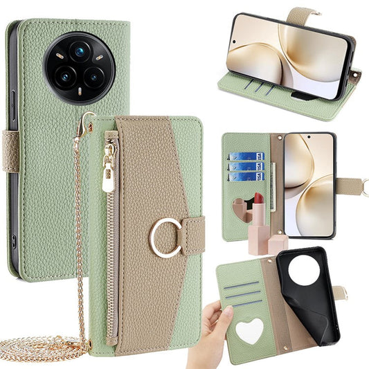 For Realme 14 Pro 5G Case Mirror Wallet Leather Phone Cover with Chain Shoulder Strap - Green