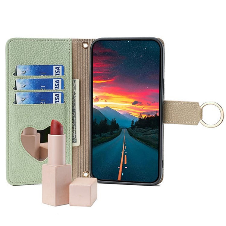 For Realme 14 Pro 5G Case Mirror Wallet Leather Phone Cover with Chain Shoulder Strap - Green