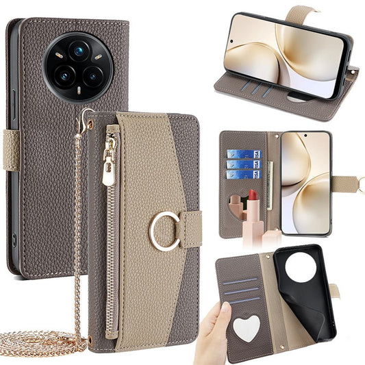 For Realme 14 Pro 5G Case Mirror Wallet Leather Phone Cover with Chain Shoulder Strap - Grey