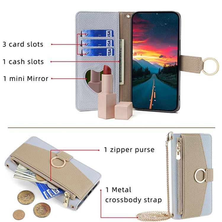 For Realme 14 Pro 5G Case Mirror Wallet Leather Phone Cover with Chain Shoulder Strap - Blue